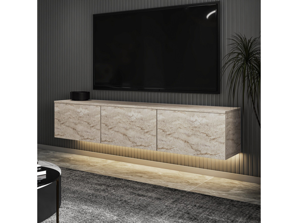 Mueble TV suspendido de madera con iluminación LED "Neon illuminated" - 160 x 32 x 35 cm - Travertino