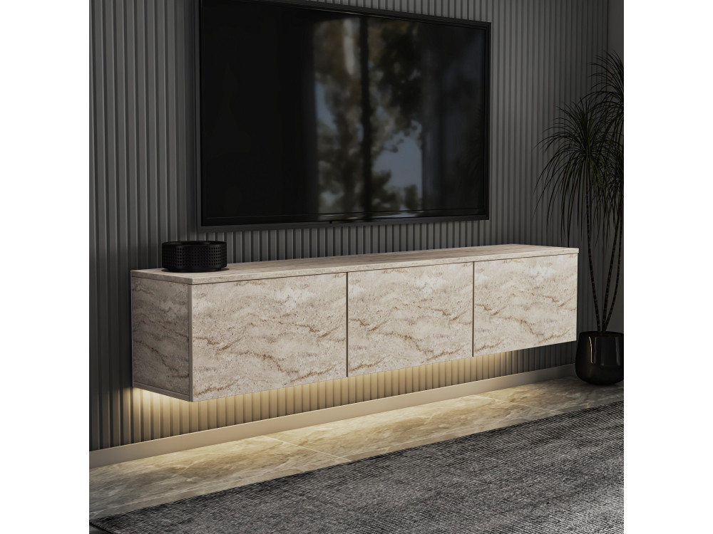 Mueble TV suspendido de madera con iluminación LED "Neon illuminated" - 160 x 32 x 35 cm - Travertino