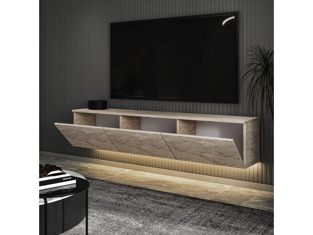 Mueble TV suspendido de madera con iluminación LED "Neon illuminated" - 160 x 32 x 35 cm - Travertino