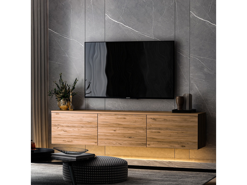 Soporte de TV de madera suspendido "Neon illuminated" con iluminación LED - 160 x 32 x 35 cm - Marrón