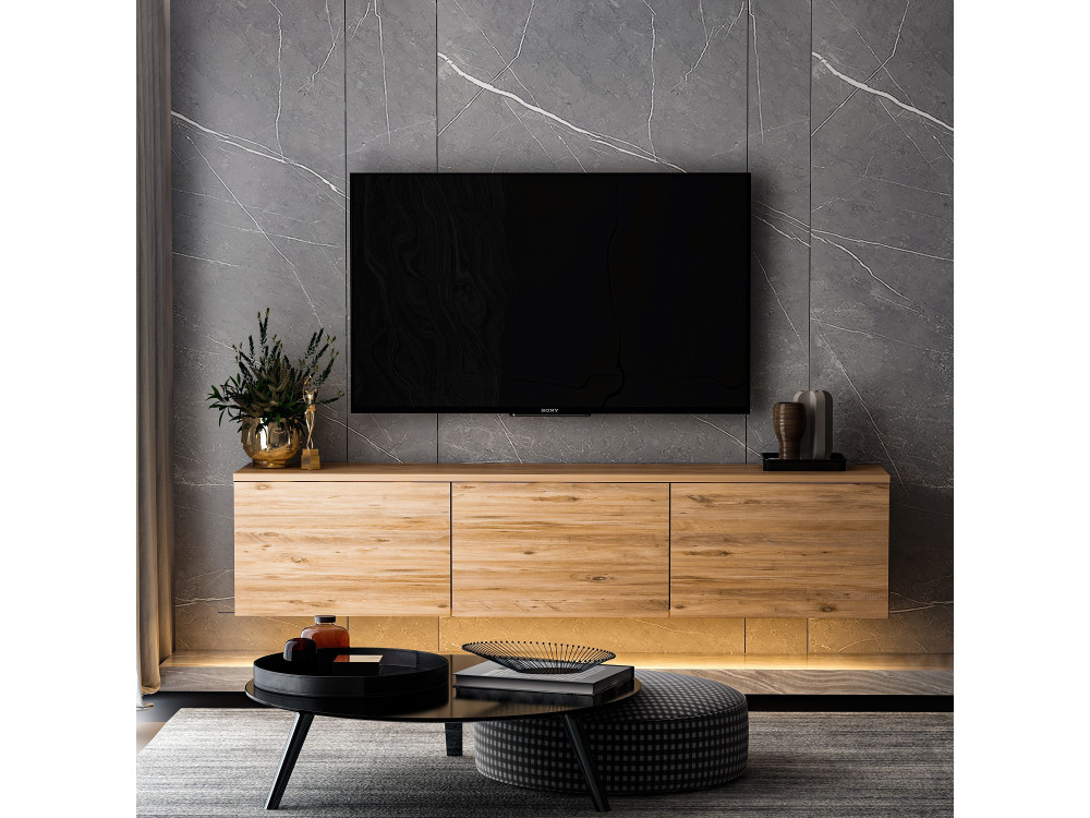 Soporte de TV de madera suspendido "Neon illuminated" con iluminación LED - 160 x 32 x 35 cm - Marrón