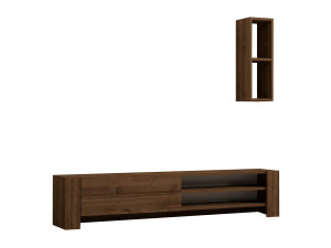 Soporte de TV de madera "Naz" con estante de pared - 160 x 26 x 33 cm - Marrón
