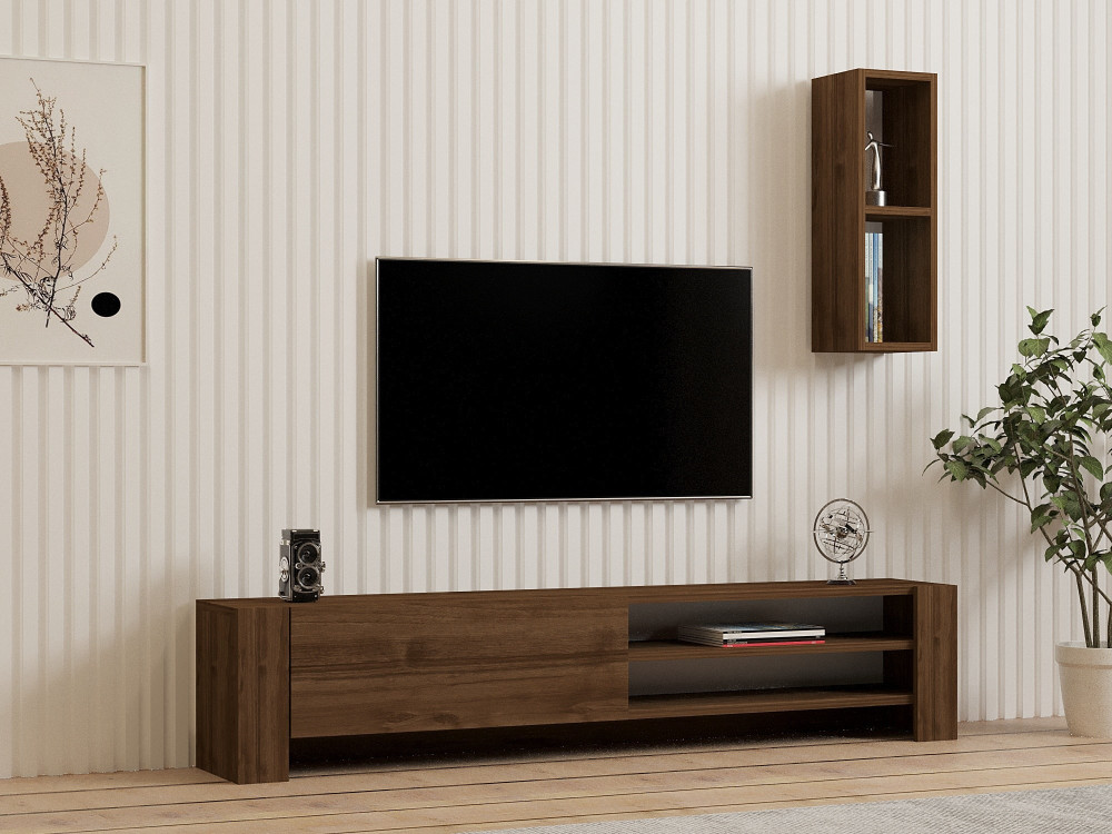 Soporte de TV de madera "Naz" con estante de pared - 160 x 26 x 33 cm - Marrón