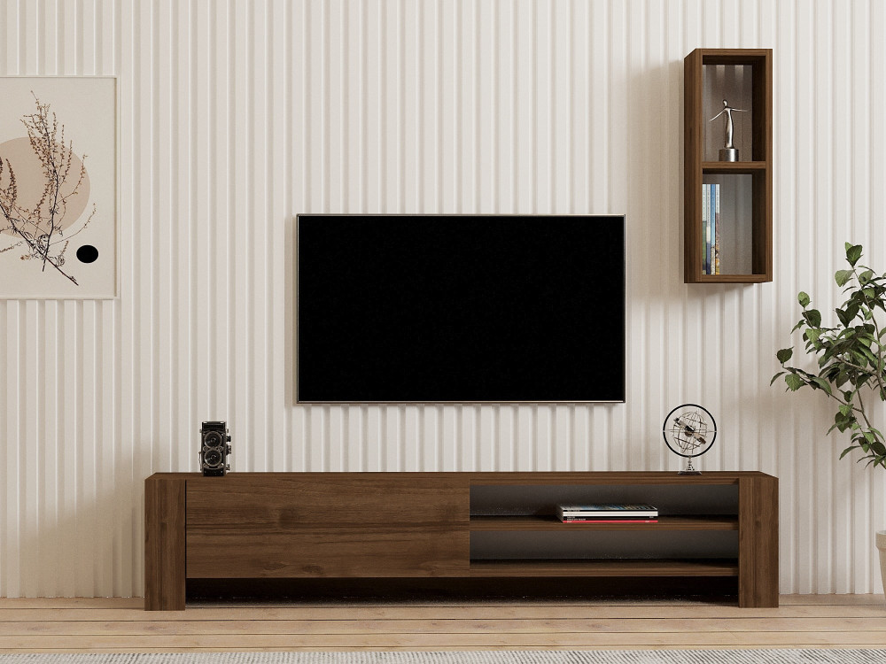 Soporte de TV de madera "Naz" con estante de pared - 160 x 26 x 33 cm - Marrón