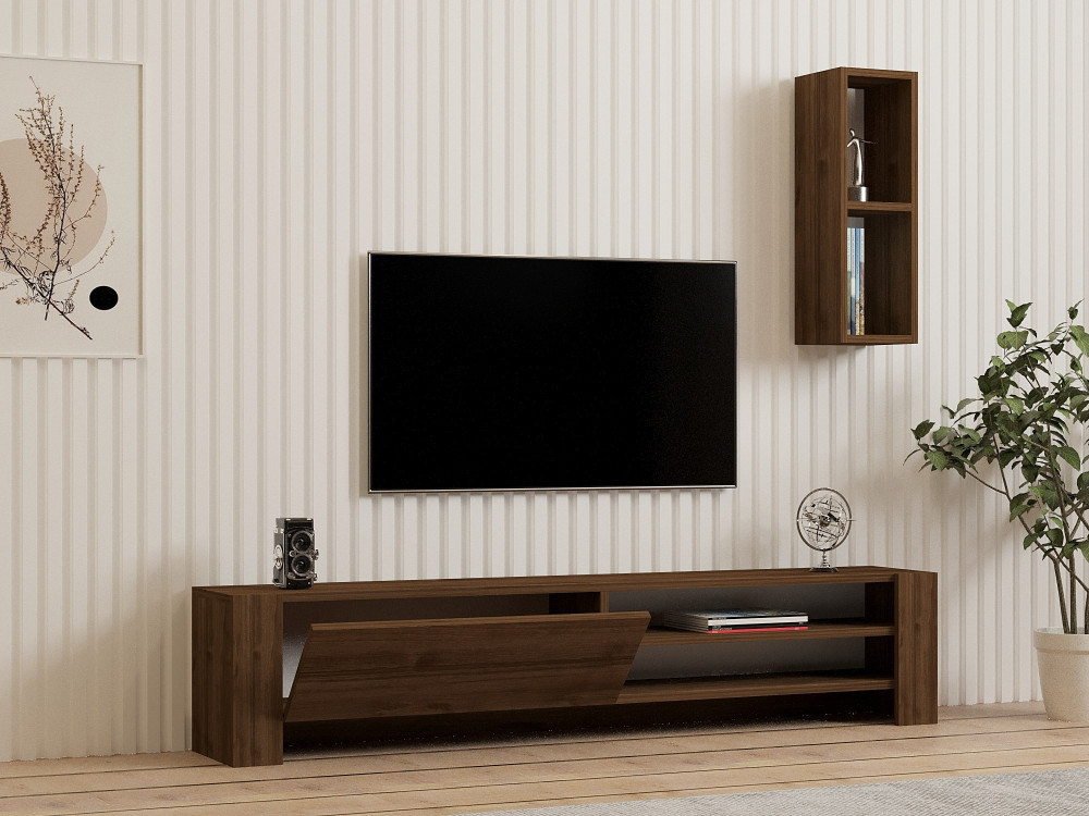 Soporte de TV de madera "Naz" con estante de pared - 160 x 26 x 33 cm - Marrón
