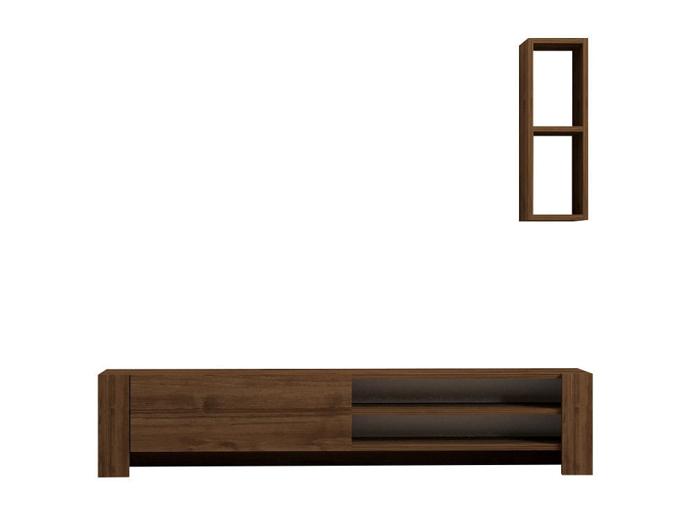 Soporte de TV de madera "Naz" con estante de pared - 160 x 26 x 33 cm - Marrón