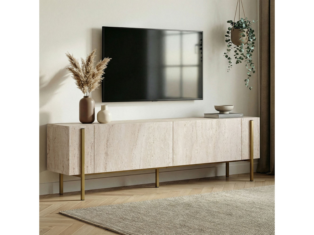 Soporte de TV de madera "Nexus" - 180 x 30 x 45 cm - Travertino / Oro