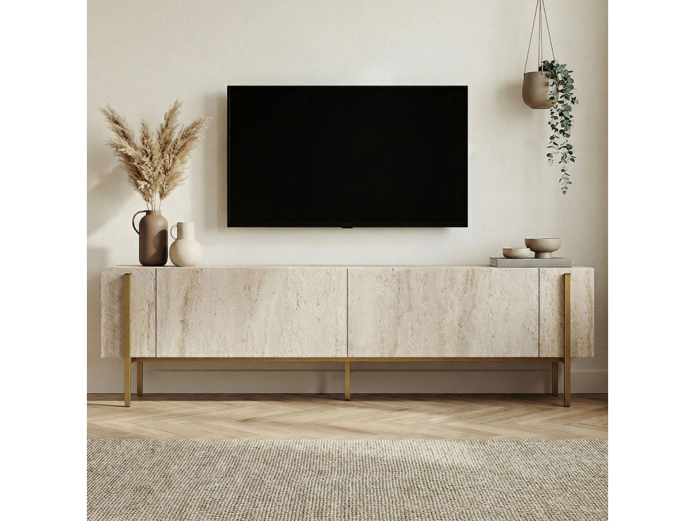Soporte de TV de madera "Nexus" - 180 x 30 x 45 cm - Travertino / Oro