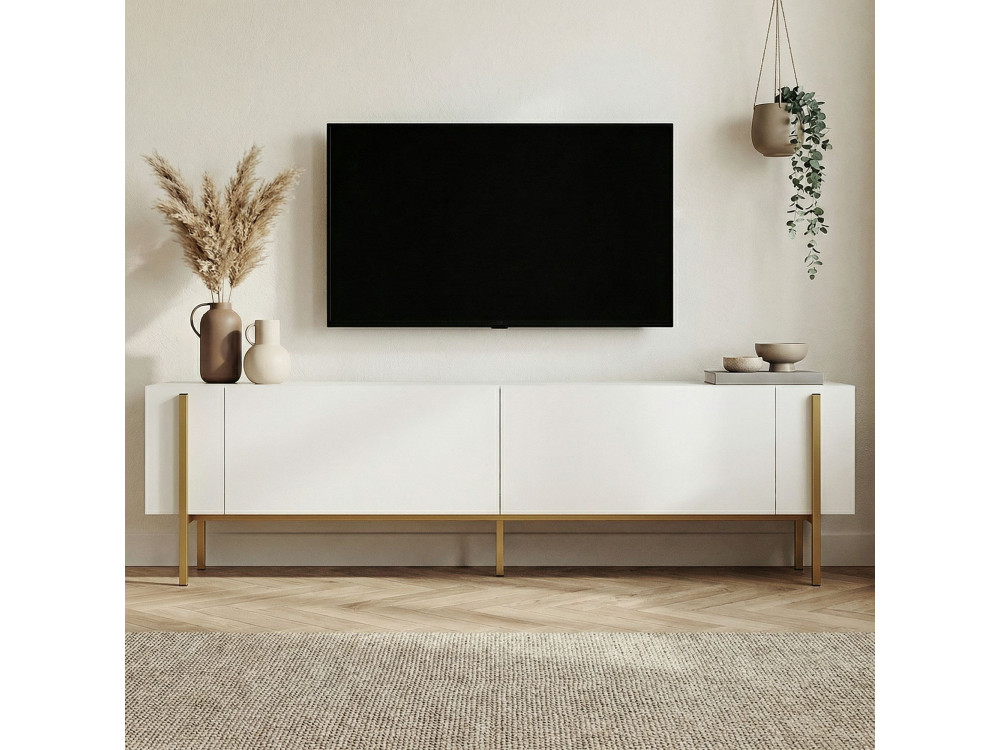 Soporte de TV de madera "Nexus" - 180 x 30 x 45 cm - Blanco / Dorado