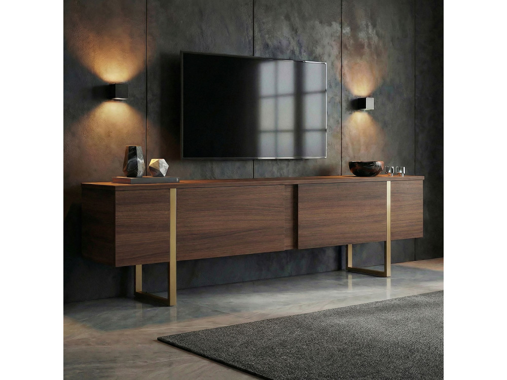 Soporte de TV de madera "Onera" - 180 x 30 x 50 cm - Nogal / Oro