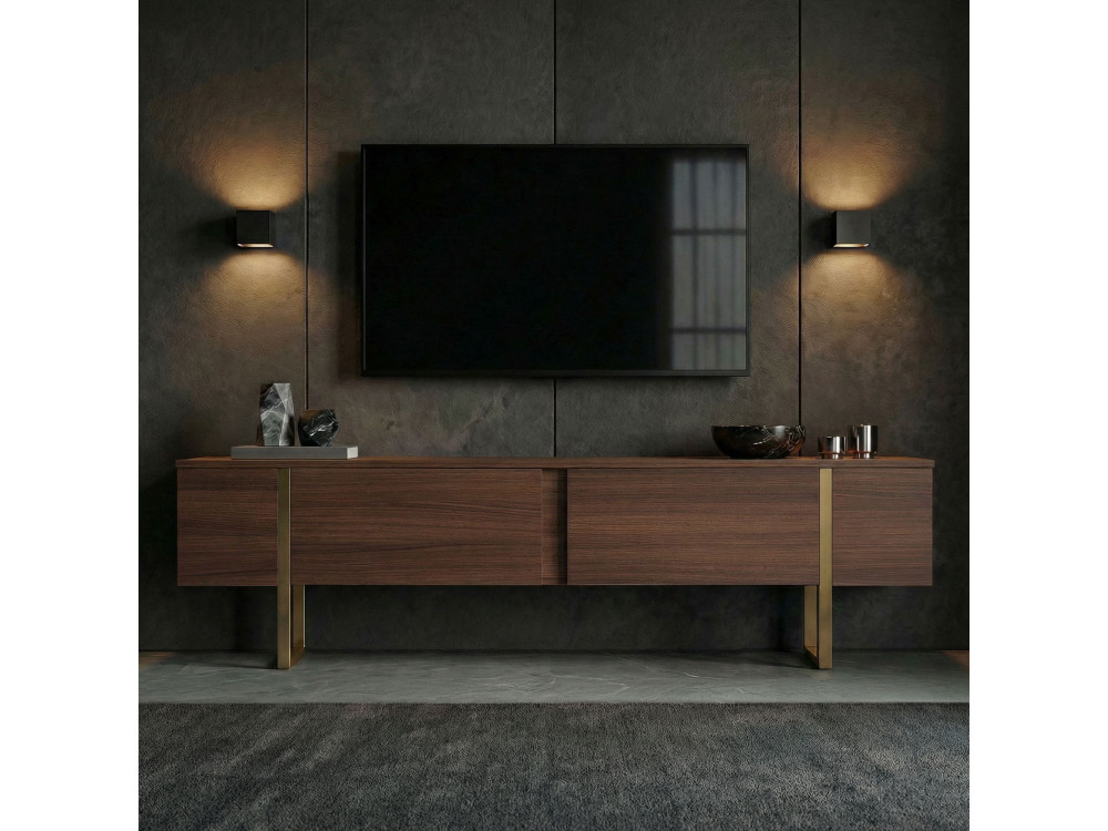 Soporte de TV de madera "Onera" - 180 x 30 x 50 cm - Nogal / Oro