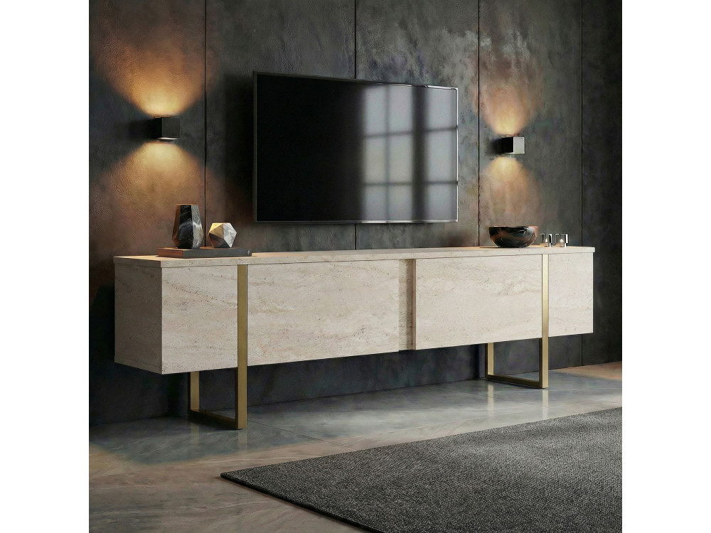 Soporte de TV de madera "Onera" - 180 x 30 x 50 cm - Travertino / Oro