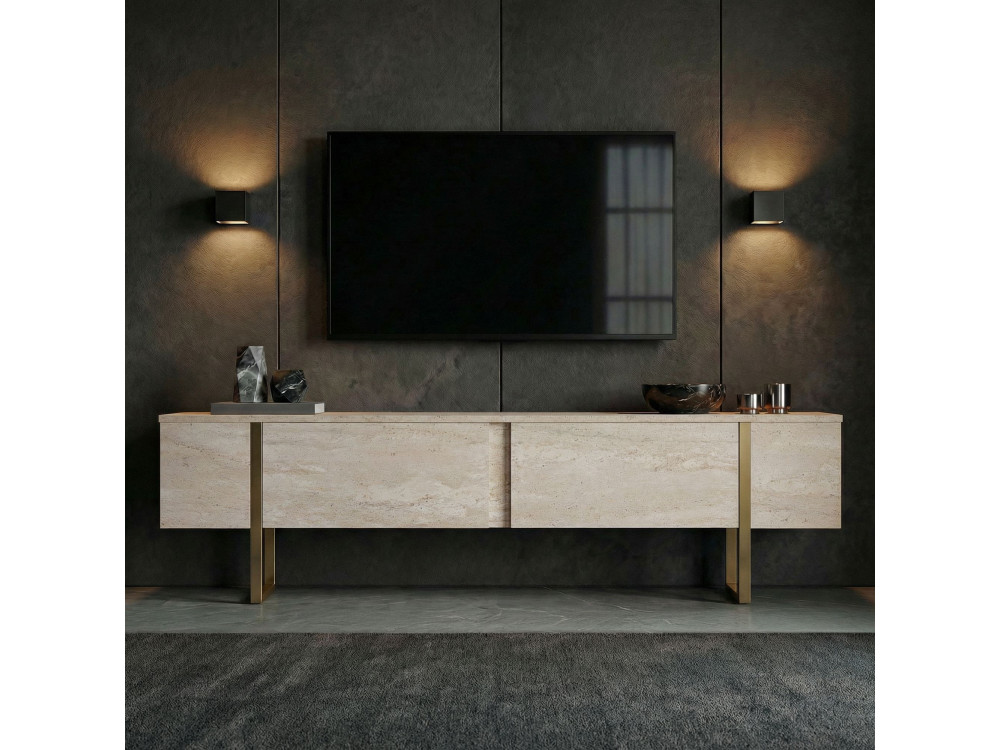 Soporte de TV de madera "Onera" - 180 x 30 x 50 cm - Travertino / Oro