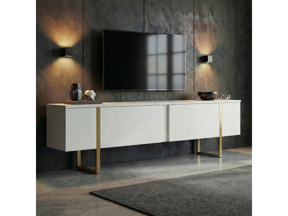 Soporte de TV de madera "Onera" - 180 x 30 x 50 cm - Blanco / Dorado