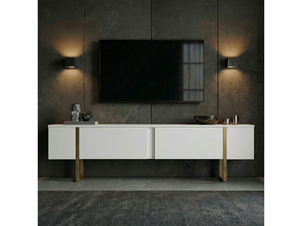 Soporte de TV de madera "Onera" - 180 x 30 x 50 cm - Blanco / Dorado