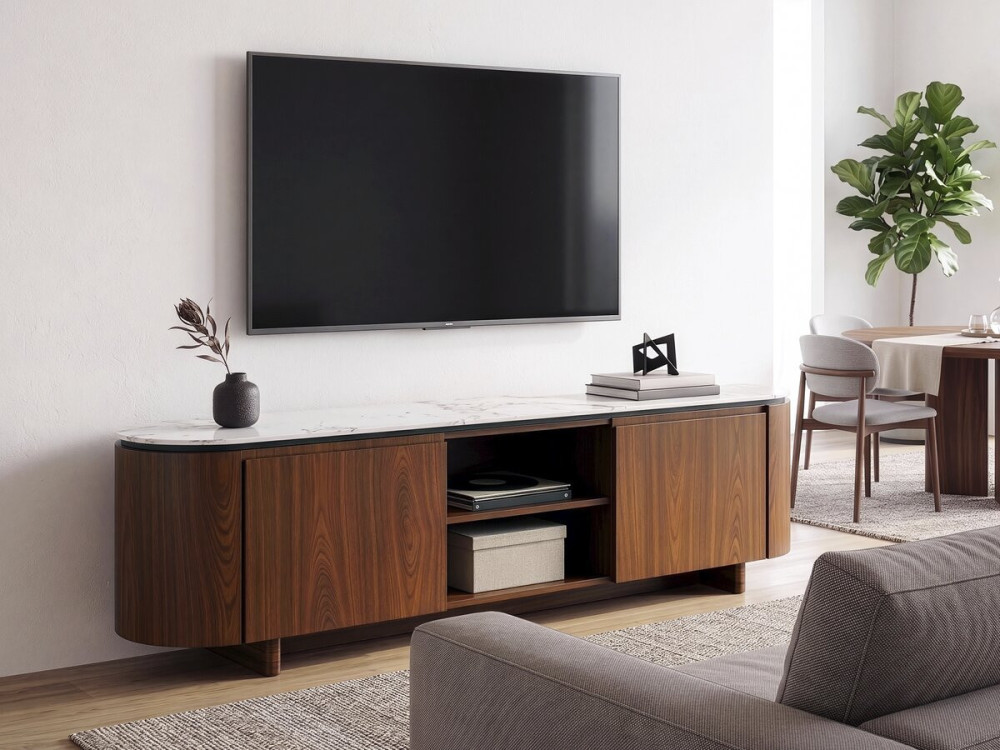 Soporte de TV de madera "Stonea" con tapa de cerámica - 200 x 40 x 55 cm - Marrón
