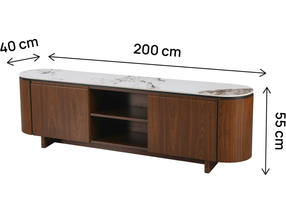 Soporte de TV de madera "Stonea" con tapa de cerámica - 200 x 40 x 55 cm - Marrón
