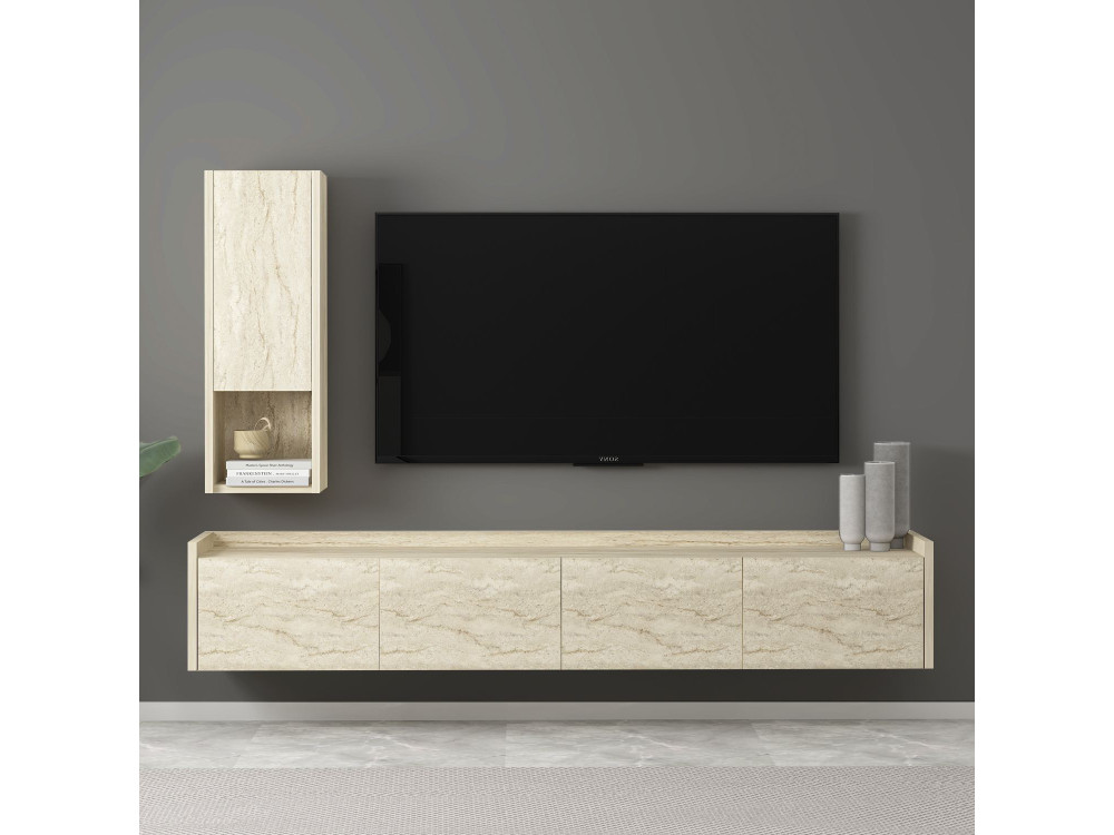 Soporte de TV de madera "Sema" con estante de pared - 160 x 30 x 35 cm - Travertino