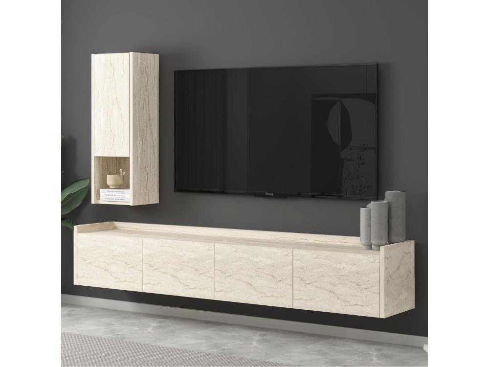 Soporte de TV de madera "Sema" con estante de pared - 160 x 30 x 35 cm - Travertino