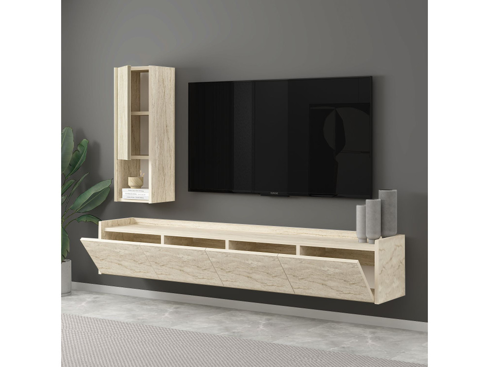 Soporte de TV de madera "Sema" con estante de pared - 160 x 30 x 35 cm - Travertino