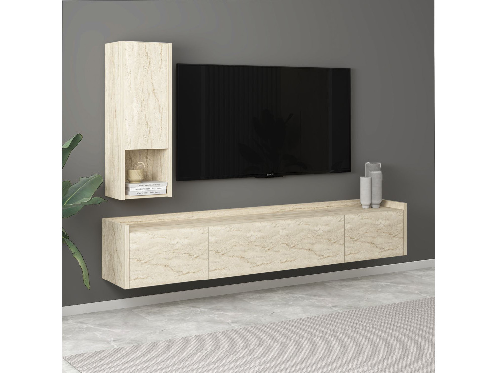 Soporte de TV de madera "Sema" con estante de pared - 160 x 30 x 35 cm - Travertino