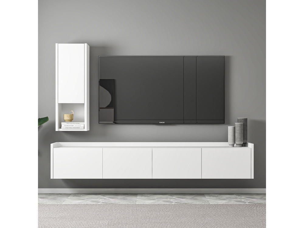 Mueble TV "Sema" de madera con estante de pared - 160 x 30 x 35 cm - Blanco