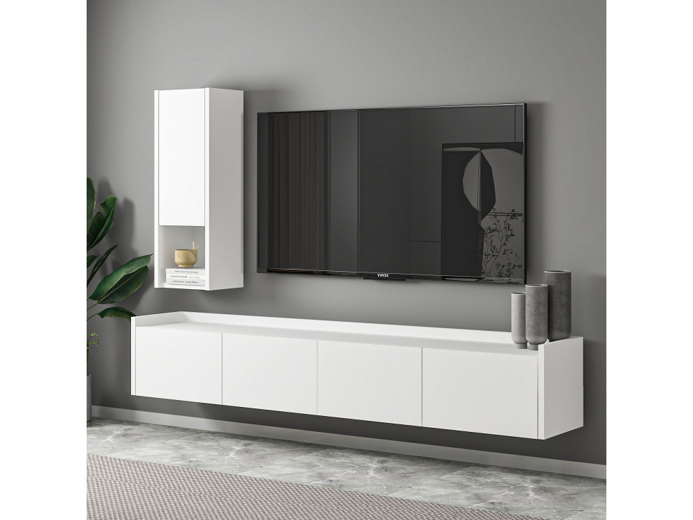 Mueble TV "Sema" de madera con estante de pared - 160 x 30 x 35 cm - Blanco