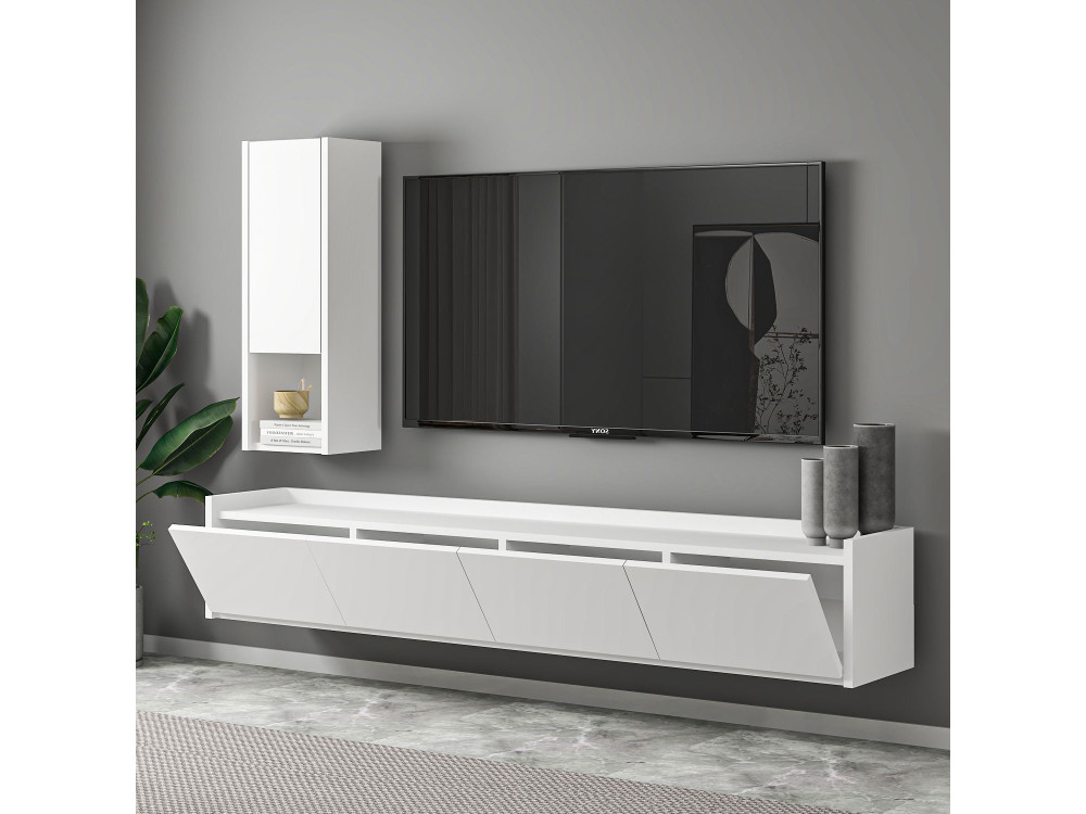 Mueble TV "Sema" de madera con estante de pared - 160 x 30 x 35 cm - Blanco