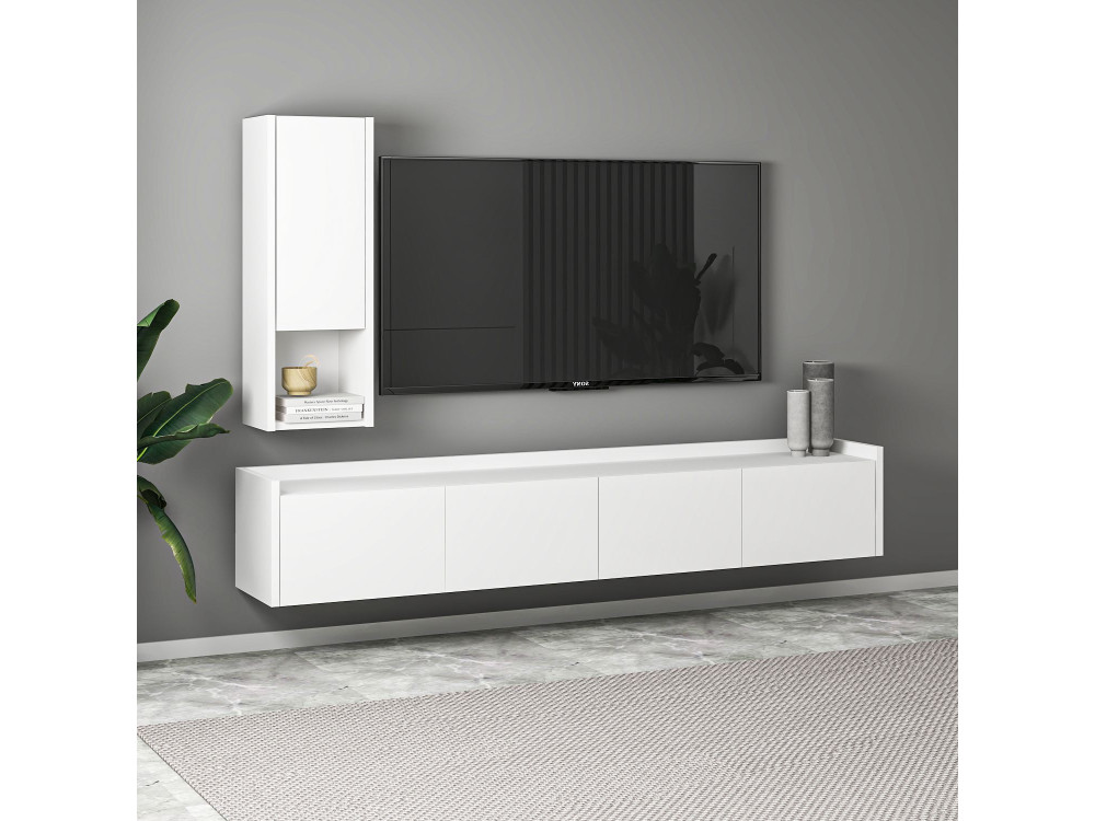 Mueble TV "Sema" de madera con estante de pared - 160 x 30 x 35 cm - Blanco