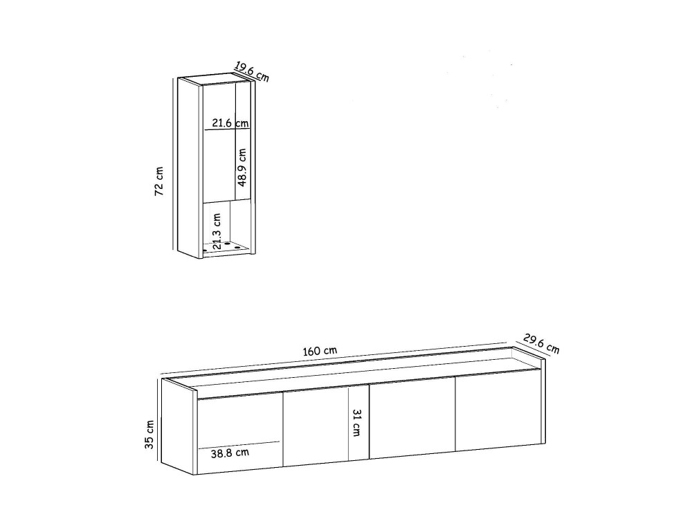 Mueble TV "Sema" de madera con estante de pared - 160 x 30 x 35 cm - Blanco