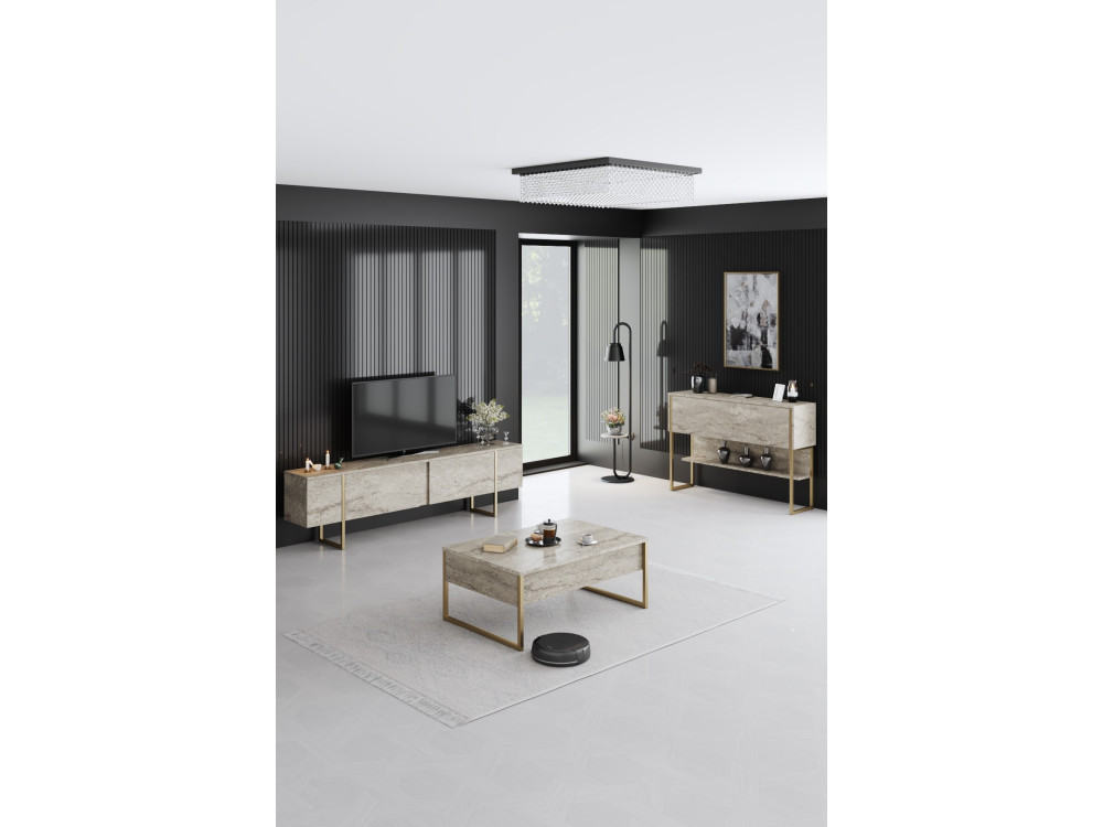 Consola de madera "Luxe" - 120 x 30 x 80 cm - Travertino dorado