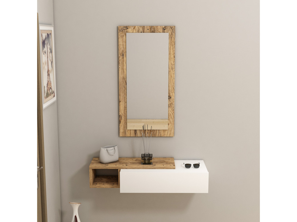 Consola de madera con espejo "Vien" - 82 x 29 x 15 cm - Blanco