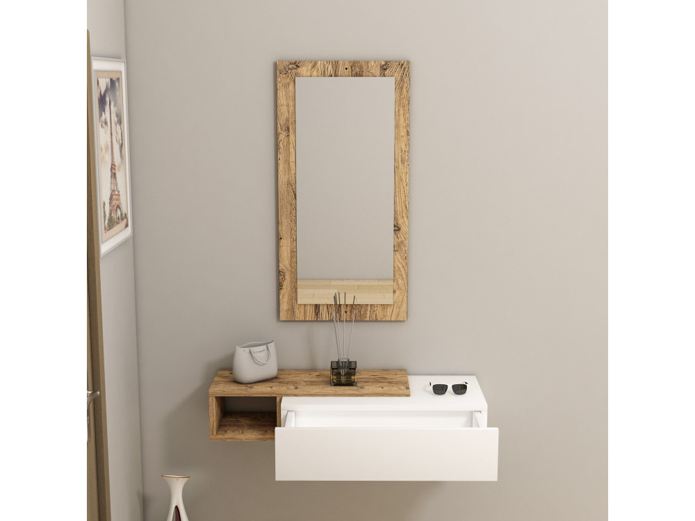 Consola de madera con espejo "Vien" - 82 x 29 x 15 cm - Blanco