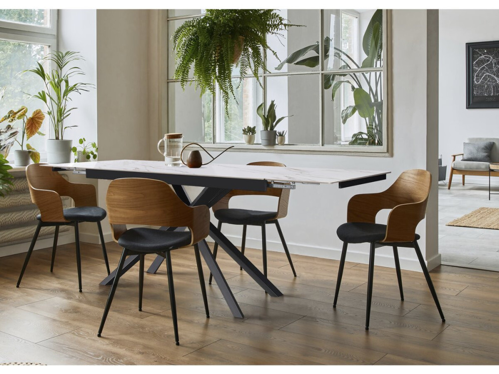 Mesa de comedor extensible de cerámica para 6 a 10 personas "Celeste" - Blanco jaspeado dorado