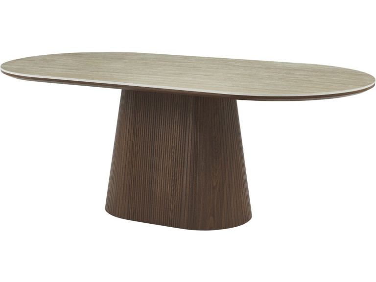 Mesa de comedor ovalada de piedra y madera "Portofino" - 8 plazas - Travertino y marrón