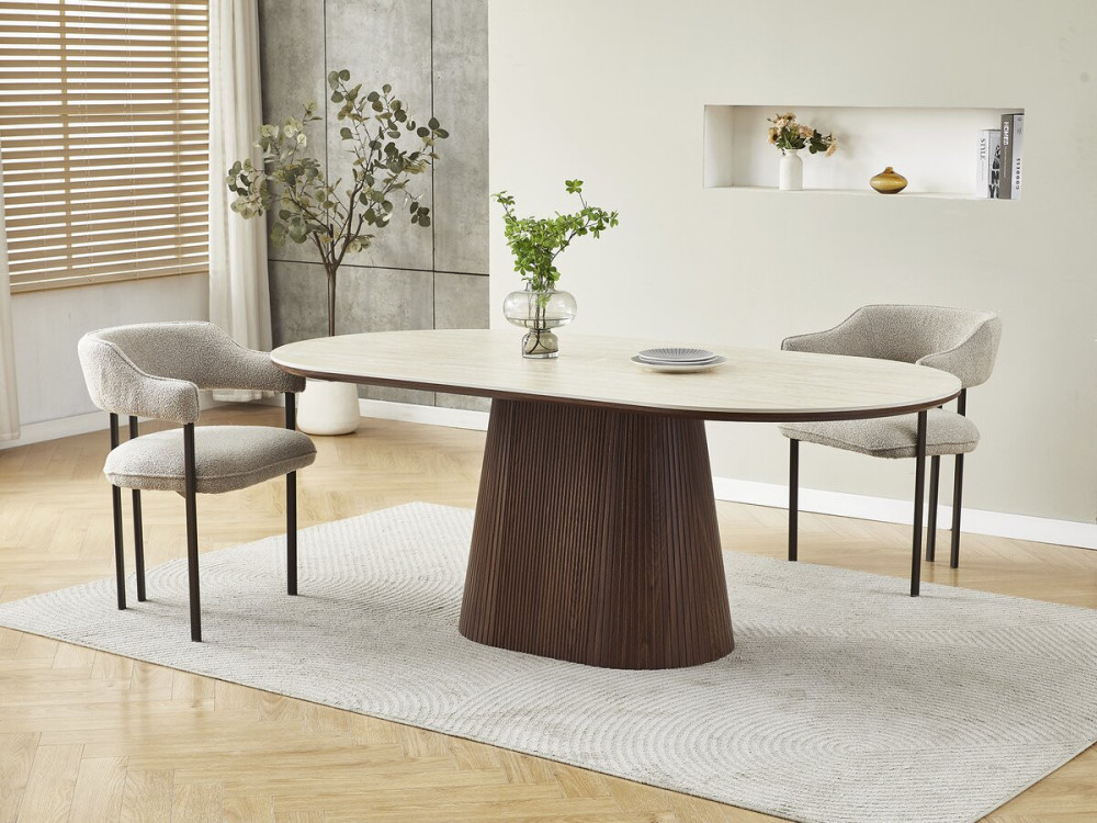 Mesa de comedor ovalada de piedra y madera "Portofino" - 8 plazas - Travertino y marrón