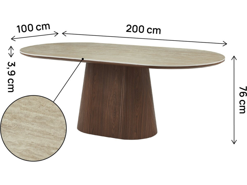 Mesa de comedor ovalada de piedra y madera "Portofino" - 8 plazas - Travertino y marrón