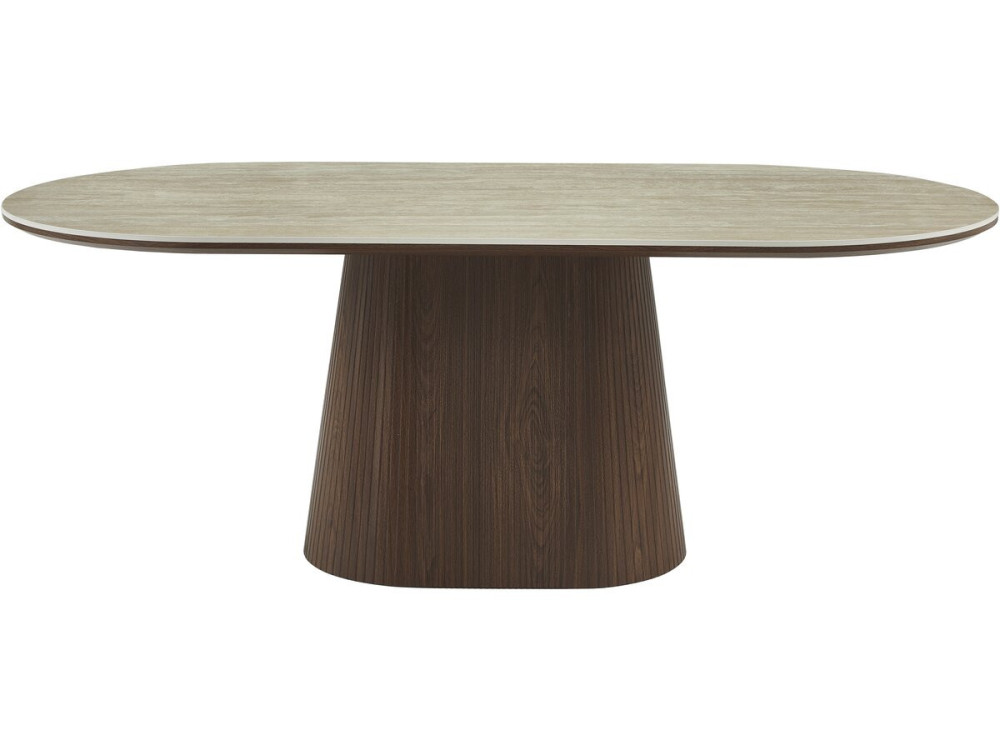Mesa de comedor ovalada de piedra y madera "Portofino" - 8 plazas - Travertino y marrón