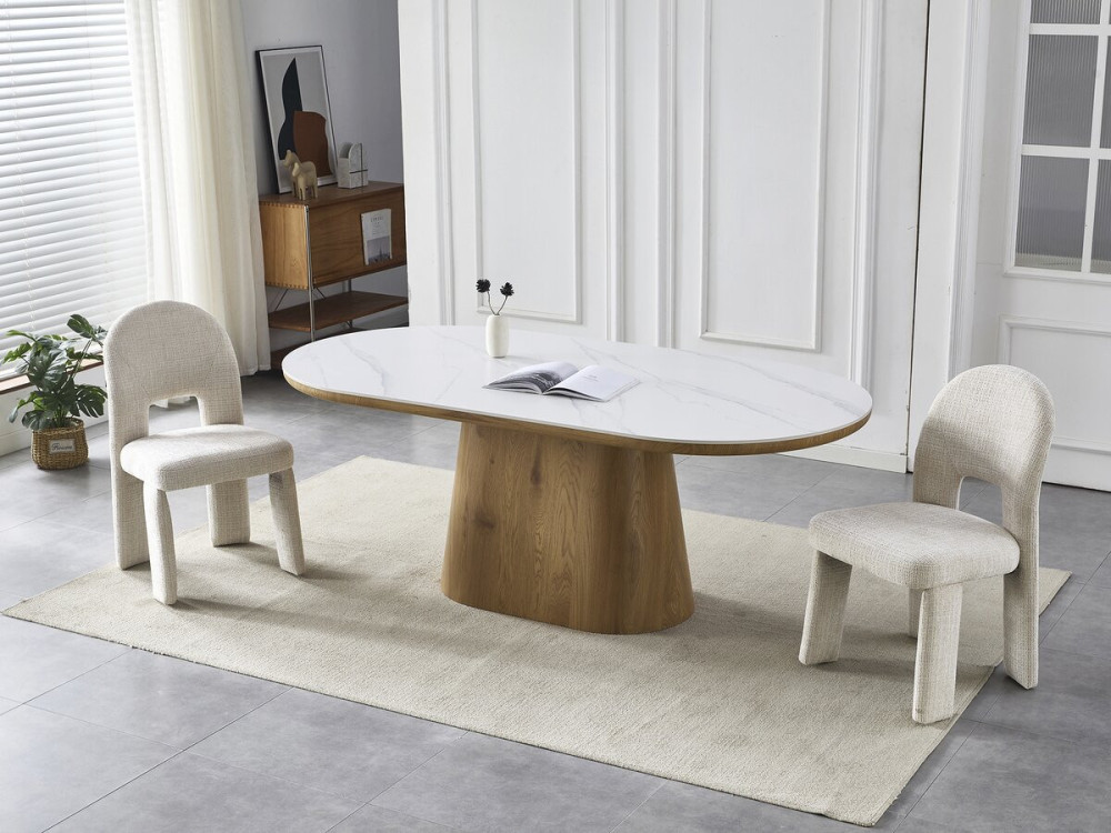 Mesa de comedor ovalada de cerámica "Bellagio" - 8 plazas - Blanco y marrón