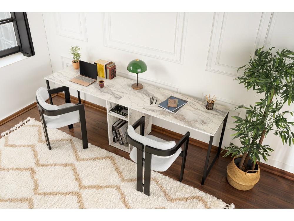 Escritorio doble "Twin" con 2 estantes de madera - 240 x 60 x 74 cm - Blanco jaspeado