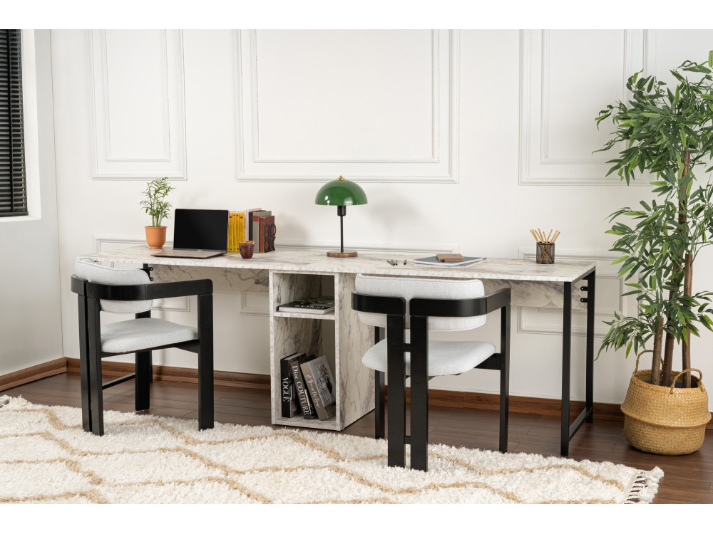 Escritorio doble "Twin" con 2 estantes de madera - 240 x 60 x 74 cm - Blanco jaspeado