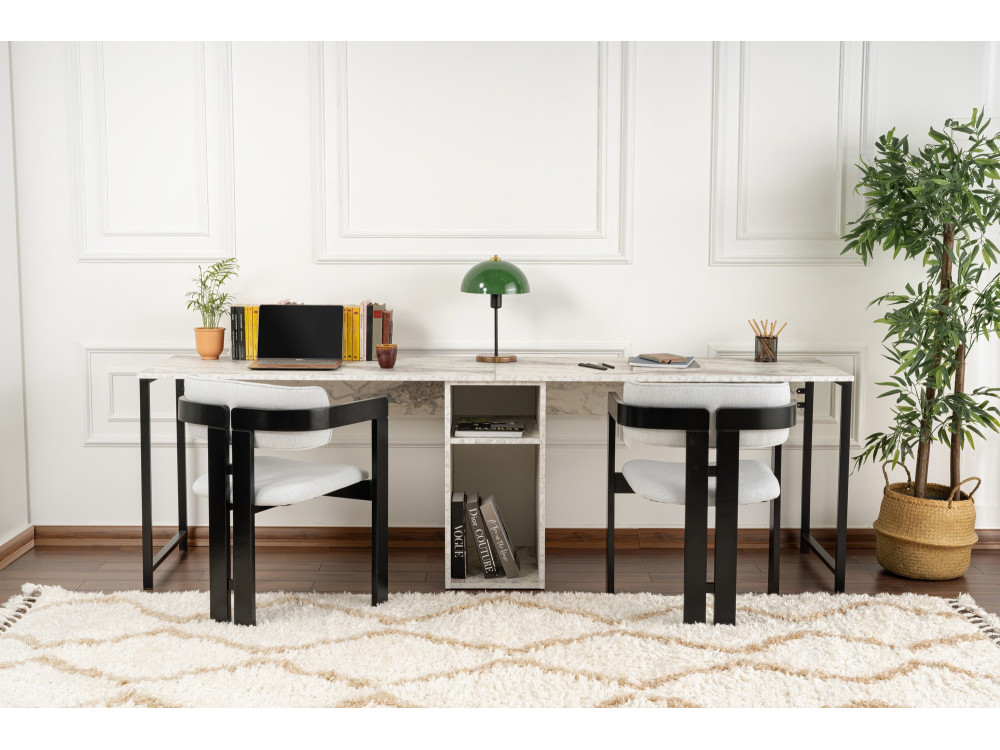 Escritorio doble "Twin" con 2 estantes de madera - 240 x 60 x 74 cm - Blanco jaspeado