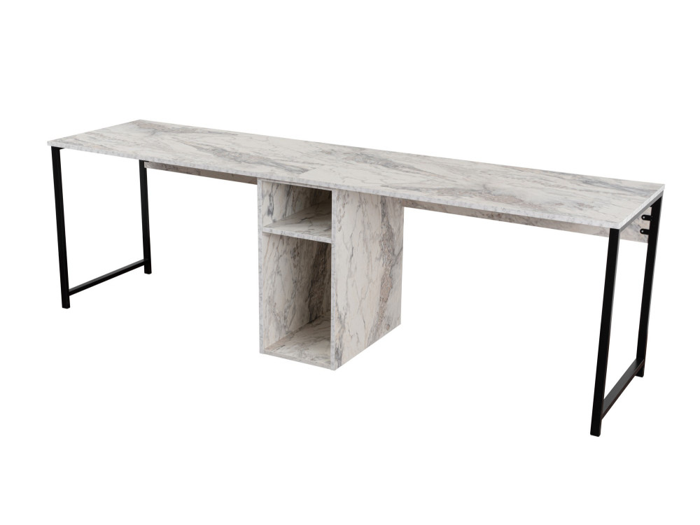 Escritorio doble "Twin" con 2 estantes de madera - 240 x 60 x 74 cm - Blanco jaspeado