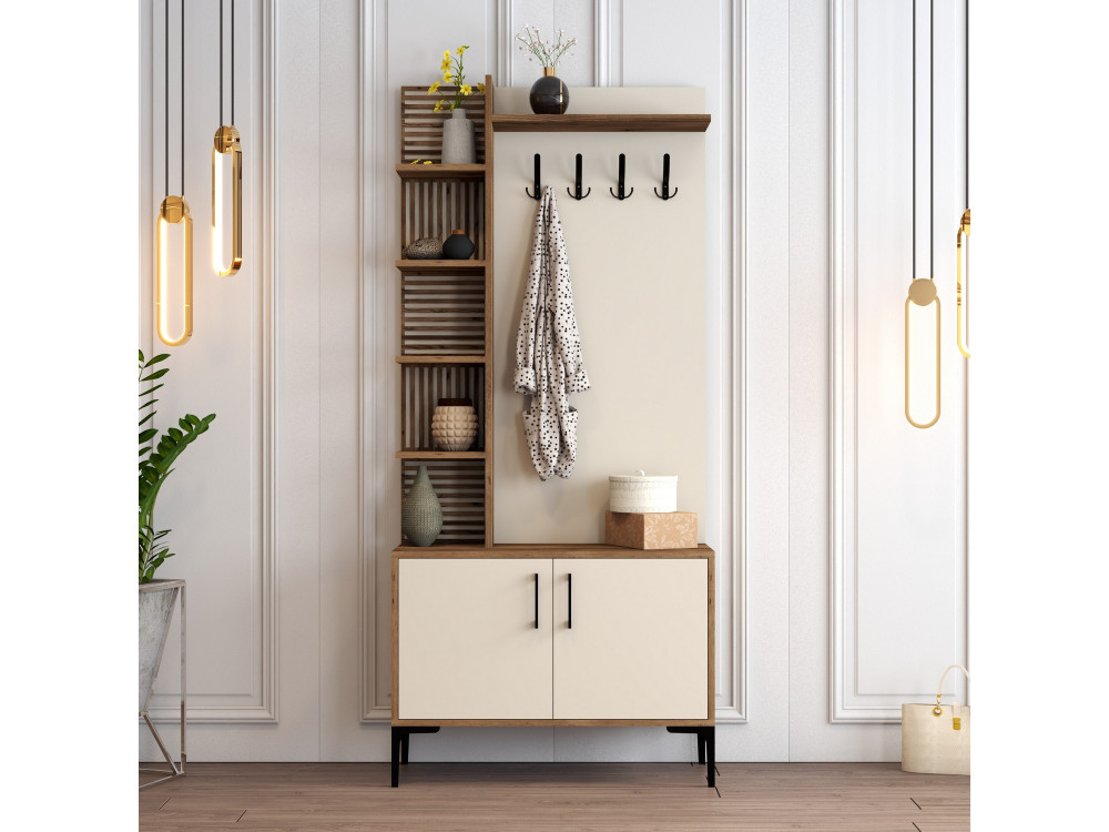 Mueble recibidor de madera "Viyana D" - 35 x 90 x 200 cm - Nogal, Crema