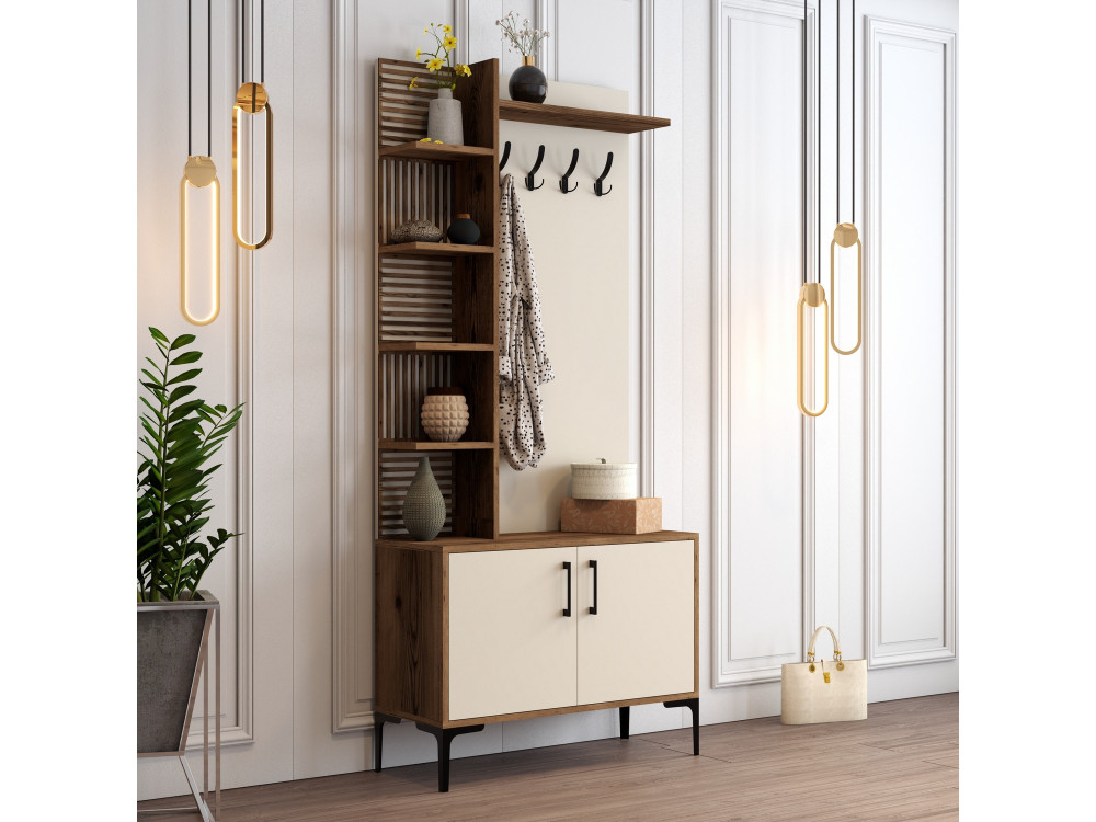 Mueble recibidor de madera "Viyana D" - 35 x 90 x 200 cm - Nogal, Crema
