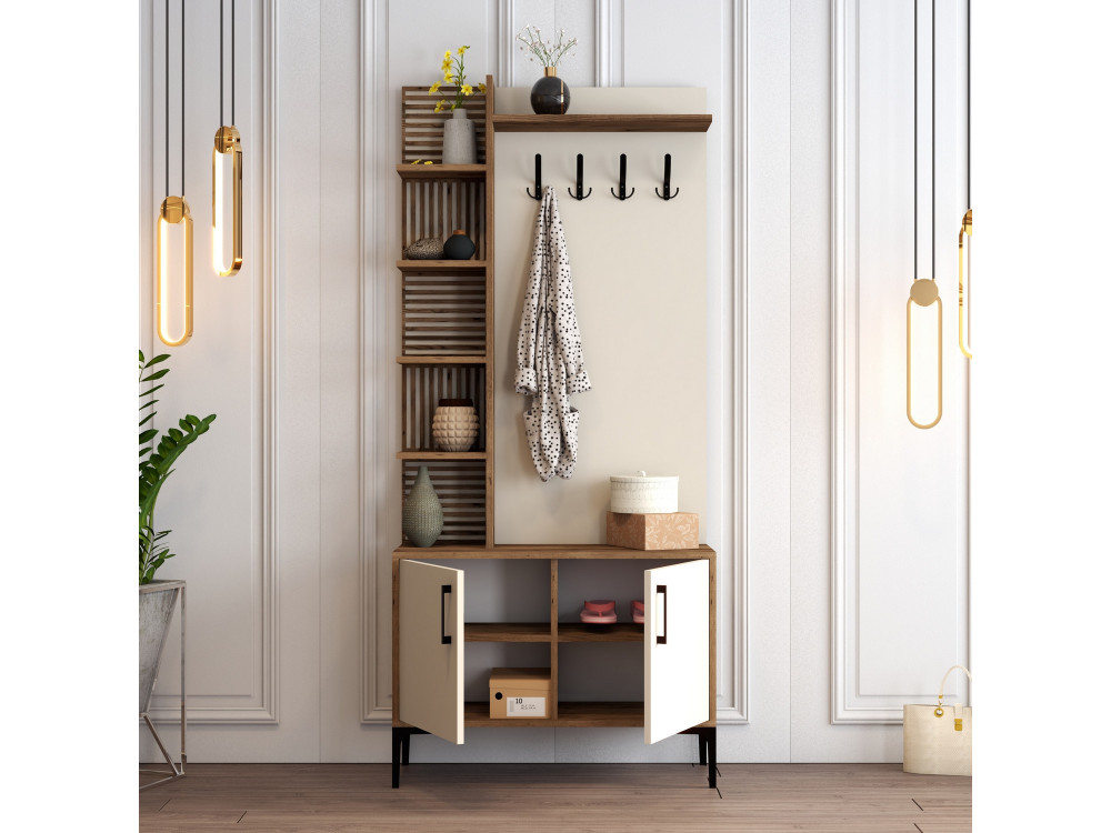 Mueble recibidor de madera "Viyana D" - 35 x 90 x 200 cm - Nogal, Crema