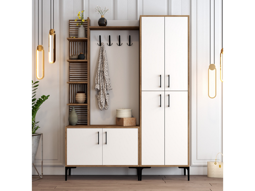 Mueble recibidor de madera "Viyana DA" - 35 x 60 x 200 cm - Nogal, Blanco
