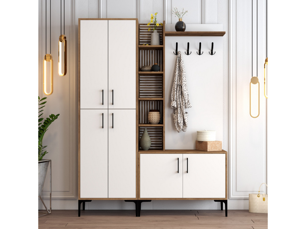 Mueble recibidor de madera "Viyana DA" - 35 x 60 x 200 cm - Nogal, Blanco