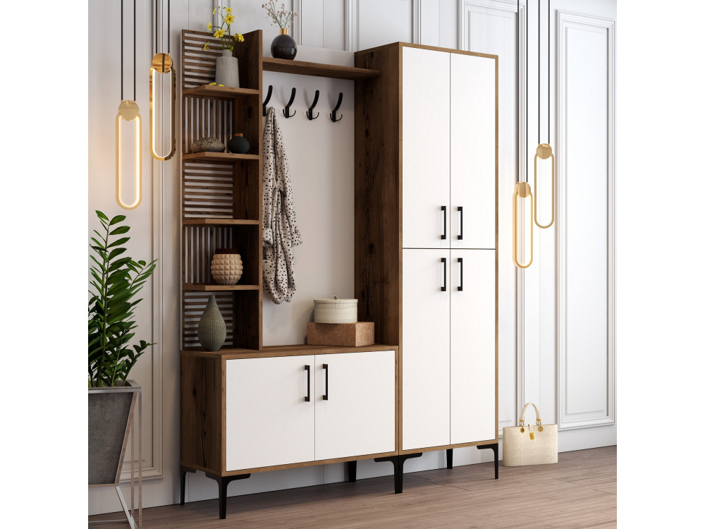 Mueble recibidor de madera "Viyana DA" - 35 x 60 x 200 cm - Nogal, Blanco