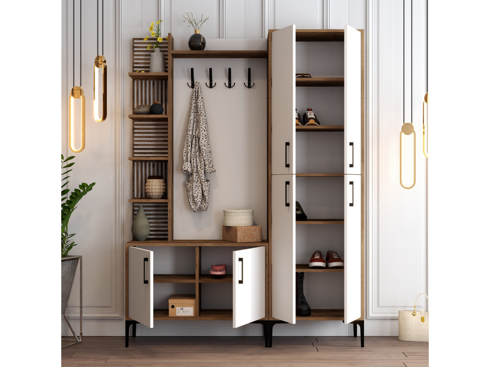 Mueble recibidor de madera "Viyana DA" - 35 x 60 x 200 cm - Nogal, Blanco